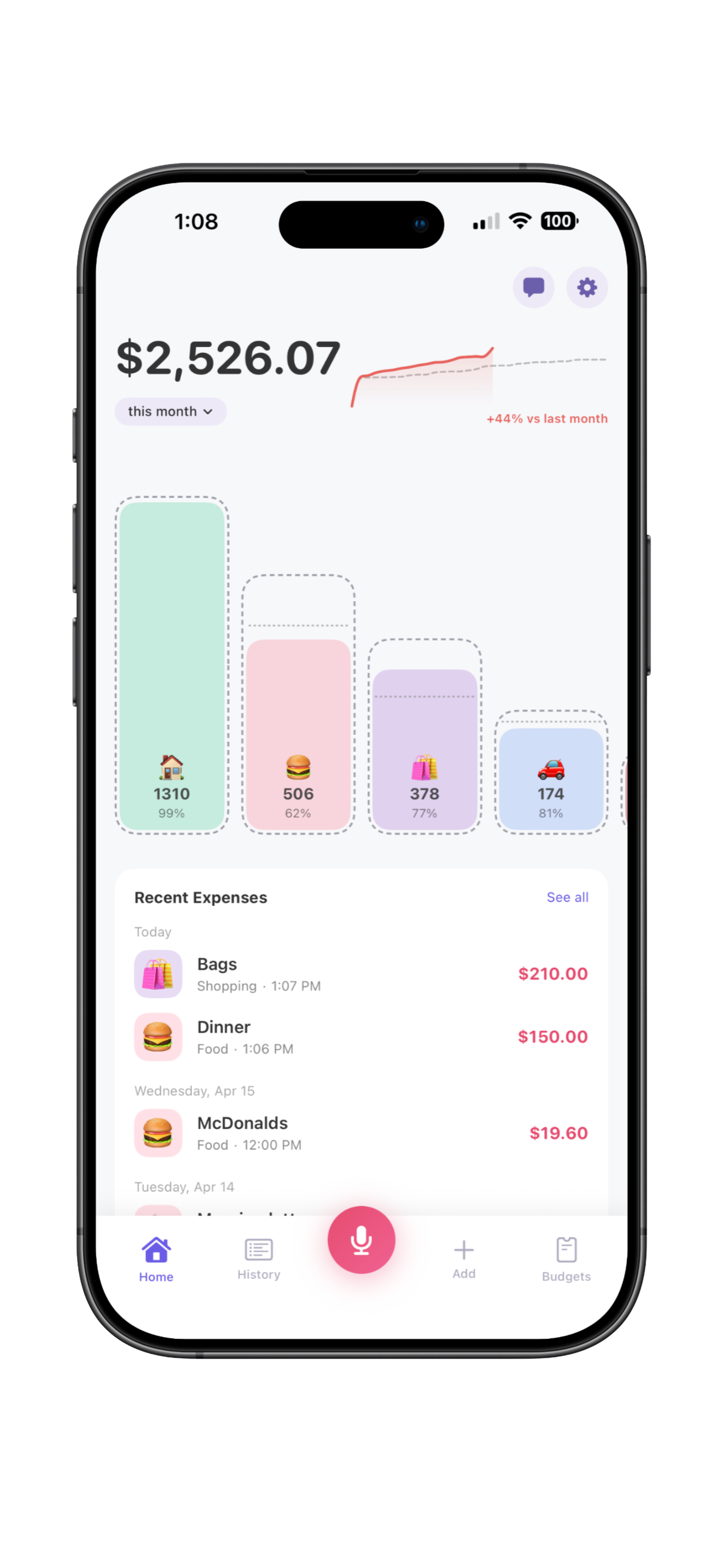 Bujit app showing expense tracking dashboard